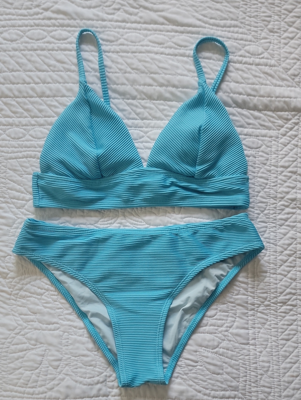 Blue Ribbed Triangle Bikini Set - Women Swim